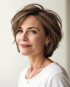 2 Layer Bob Haircut, Short Style For Thick Hair, Bob Over 40 Short, Short Layered Bob With Bangs Over 50, Short Highlighted Hairstyles, Short Layered Bob Hairstyles For Fine Hair, Short Bobs For Fine Hair Over 50, Layered Pixie With Bangs, Hairstyles For Fine Hair Over 50