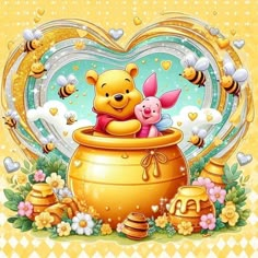 winnie the pooh and piglet are sitting in a honey pot with bees around it