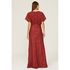 Red floral satin (100% Polyester). A-line. Short sleeves. V-neck. Side zipper closure. See size and fit notes for length measurements. . Imported. V-neck Floral Maxi Dress For Wedding Guest, Red V-neck Dress For Wedding Guest, Red V-neck Maxi Dress For Bridesmaid, Lined Satin V-neck Maxi Dress, Burgundy V-neck Maxi Dress, Red V-neck Dress With Surplice Neckline For Evening, V-neck Lined Maxi Dress For Prom, Floral Print V-neck Maxi Dress For Bridesmaids, Lined V-neck Maxi Dress For Prom