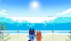 two cartoon characters are standing in front of an ocean view with the sky and water behind them