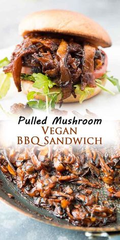 pulled mushroom and vegan bbq sandwich in a skillet with text overlay