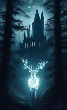 a deer standing in the middle of a forest with a castle in the background at night