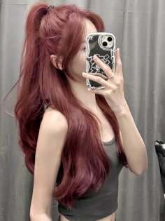 Work Friendly Hair Color, Pink Highlights In Dark Hair, Hair Color Ideas Cool Tones, Burgundy Hair Asian, Light Cherry Brown Hair, Hair Colour For Asian Skin Tone, Hair Colour Aesthetic, Ash Red Hair, Muted Red Hair