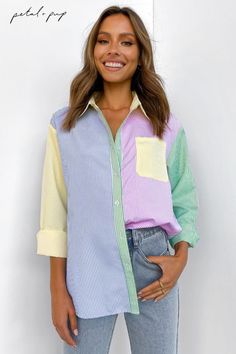 Colorful summer top, colorful long sleeve top, color block top, colorful button up top, colorful button down top, cute colorful top Trendy Collared Blouse For Spring, Spring Blouse With Relaxed Fit And Casual Collar, Relaxed Fit Blouse With Casual Collar For Spring, Casual Collar Blouse With Relaxed Fit For Spring, Multicolor Collared Shirt For Spring, Spring White Blouse With Striped Collar, Multicolor Spring Shirt With Collared Neckline, Spring Relaxed Fit Shirt With Collar, Trendy Summer Blouse For Business Casual