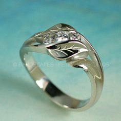 14k White Gold with Diamond 3-Stone and Leaf Wedding by BandScapes Elegant Leaf-shaped Anniversary Rings, Elegant Silver Leaf Shaped Ring, Engagement Ring Leaves, Leaf Wedding Ring, Leaf Wedding Rings, Wedding Ring Diamond, Wedding Leaves, Leaf Ring, Multi Stone Ring