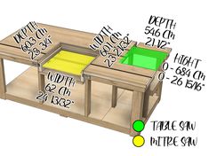 a drawing of a table with measurements for the top and bottom section on each side