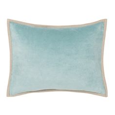 a blue and beige pillow on a white background