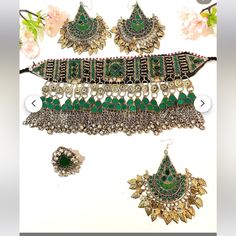 Green Bridal Afghan Jewlery Set Bohemian Green Wedding Jewelry, Ceremonial Tilla Bridal Sets, Heavy Bohemian Bridal Necklace For Wedding, Green Bridal Sets With Pallu For Wedding, Bohemian Wedding Jewelry With Motifs, Green Bridal Set With Pallu For Wedding, Traditional Green Bridal Sets For Celebration, Bohemian Green Bridal Necklace For Wedding, Green Bridal Sets For Wedding Festivals