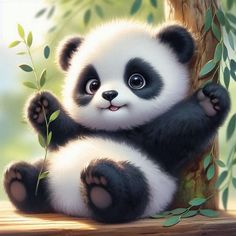 a panda bear sitting on top of a tree branch next to a leafy plant