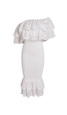 WHITE RUFFLES SKEW COLLAR TOPS & HIGH WAIST MIDI DRESS TWO PIECE SET Dance All Night, Bandage Midi Dress, Midi Dress Style, Ruffled Top, Lace Bustier, White Lace Top, Life Of The Party, Party Look, Mermaid Dress