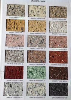 the color chart for granite finishes is shown in this image, and it shows different colors