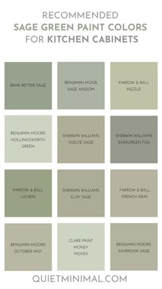 the sage green paint colors for kitchen cabinets are shown in several different shades and sizes