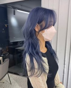 Mid Length Blue Hair, Dusty Blue Hair Color, Cool Tone Blue Hair, Smokey Navy Hair, Asian Blue Hair, Dark Ash Blue Hair, Asian Dark Blue Hair, Jet Blue Hair