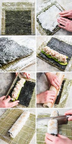 the process of making sushi rolls is shown here