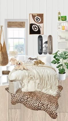 the bedroom is decorated in white and brown tones with leopard print on the bedding