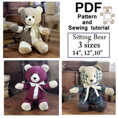 three teddy bears with different patterns and sizes to make them look like they are sewing