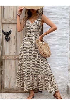 Printed V-Neck Tie Waist Midi Dress - Casual & Maxi Dresses - FITGGINS Casual Midi Dress With Tie Fastening For Vacation, Casual Midi Sundress With Tie Waist, Casual Tie Fastening Midi Dress For Beach, V-neck Sundress With Tie Waist For Vacation, Casual Beige Midi Dress With Tie Waist, Beige Tie Waist Maxi Dress For Vacation, Casual V-neck Sundress With Tie Waist, V-neck Sundress With Tie Waist For Summer, Casual Tie Waist Maxi Dress For Vacation