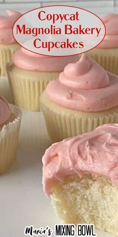 cupcakes with pink frosting sitting on top of a white plate next to the words copyotat magnolia bakery cupcakes