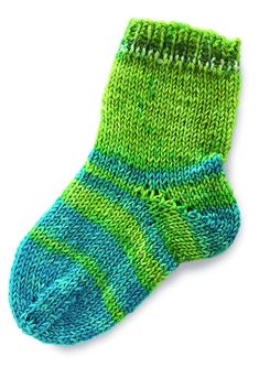 a knitted sock with green and blue stripes