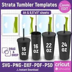 three black tumbler cups with straws and numbers on them, next to each other