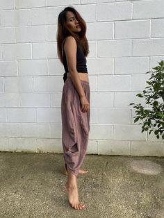 "ITEM INFORMATION Fabric: 100% Cotton Waist band: 24\" before stretch Hips: 66\" circumference Length: 38\" Fit best for size US2 to US6" Bohemian Wide Leg Cargo Pants For Summer, Summer Brown Harem Pants With Loosely Fitted Hips, Loosely Fitted Brown Harem Pants For Summer, Brown Summer Harem Pants, Loosely Fitted Parachute Pants For Summer Yoga, Hippie Yoga Bottoms With Elastic Waistband, Hippie Style Yoga Pants With Relaxed Fit, Hippie Style Yoga Pants Relaxed Fit, Hippie Style Relaxed Fit Yoga Pants