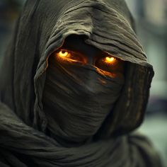 a person with yellow eyes wearing a black cloth