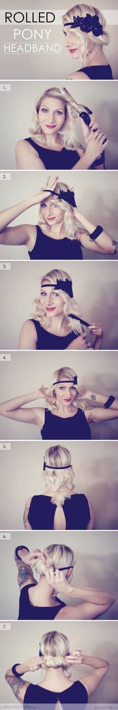 DIY Rolled Ponytail Headband - Flapper style ... #HalloweenHairstylesForWomen Retro Hairstyles Tutorial, Vintage Updo, Design Jeans, Creative Shirts, Vintage Wedding Hair