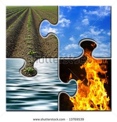 four puzzle pieces with the same image in different colors and sizes, one is burning