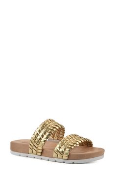 A contoured footbed supports your stride in a summery sandal topped with woven straps for added texture. 1 1/4" heel Synthetic upper, lining and sole Imported Synthetic Open Toe Slides With Braided Straps, Adjustable Slides With Woven Sole, Synthetic Woven Leather Slide Sandals, Gold Textured Footbed Sandals For The Beach, Strappy Synthetic Footbed Sandals For Beach, Gold Cushioned Footbed Sandals For Beach, Gold Synthetic Slide Sandals, Gold Synthetic Slides With Removable Insole, Gold Synthetic Slides For Vacation