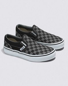 Vans | Kids Classic Checkerboard Slip-On Black/Pewter Shoes Black Slip On Vans Outfit Summer, Vans Outfit Summer, Checkered Vans Outfit, Black Slip On Vans Outfit, Vans Slip On Black, Pewter Shoes, Tennis Vans, Vans Checkerboard Slip On, Vans Grey