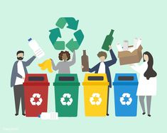 people standing around recycling bins with bottles and cans in front of the trash can