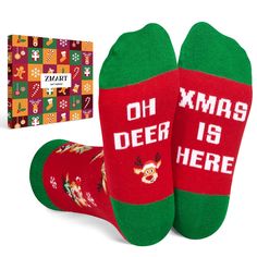 CHRISTMAS SOCKS: These holiday socks for kids feature a variety of reindeer patterns, complemented by a snowfall design on a red backdrop. The bottom is sewn with a hilarious hidden message: "OH DEER, XMAS IS HERE". SIZE & PACKING: Fits for 10-12 years old big kids. Each Christmas gift box contains one pair of funny festive socks. QUALITY MATERIAL: Crafted from 80% cotton, 15% polyamide, and 5% elastane, these socks offer a soft, stretchy, and breathable fit, ensuring comfort for kids throughout Fun Christmas Gift Socks, Novelty Christmas Gift Socks, Playful Christmas Socks For Stocking Stuffers, Novelty Multicolor Socks As A Gift, Multicolor Christmas Socks For Stocking Stuffers, Cute Christmas Gift Socks, Red Socks For Winter Gift, Red Socks For Winter Gifts, Red Socks As Winter Gifts