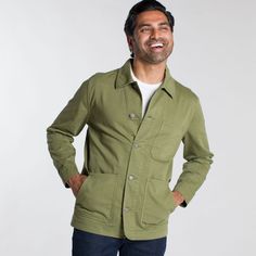 Ash & Erie Olive Chore Jacket for Short Men   Chore Jacket Relaxed Fit Everyday Utility Jacket, Collared Cotton Outerwear With Buttoned Pockets, Classic Cotton Sport Coat With Flap Pockets, Cotton Collared Outerwear With Buttoned Pockets, Cotton Blazer With Flap Pockets And Long Sleeves, Fall Cotton Utility Jacket With Welt Pockets, Green Cotton Blazer For Workwear, Classic Relaxed Fit Utility Jacket With Multiple Pockets, Green Cotton Workwear Blazer