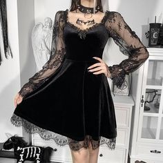 Please refer to our sizing chart for a guideline when choosing a size. 1-3 days order processing time. 90% polyester 10% spandex. Fitted V-neck Dress With Contrast Lace, Black Lace Mini Dress With Lace Collar, Black Mini Lace Dress With Lace Collar, Black Mini Dress With Lace Collar, Elegant Winter Mini Dress With Lace Trim, Gothic Long Sleeve Dress For Night Out, Gothic Style Dress With Lace Patchwork, Gothic Dresses With Lace Patchwork, Elegant Mini Dress With Lace Patchwork