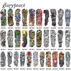 an image of many different designs on the body and arm sleeves, all in different colors