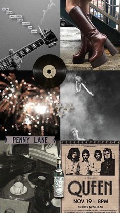 a collage of photos with various items and text on them, including an old record player