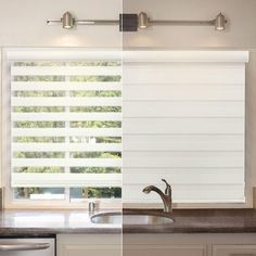 two different views of the same window in a kitchen with sink and dishwasher