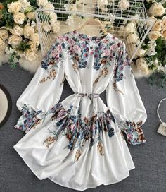 Cute A line floal dress long sleeve dressFabric: blendedColor: whiteSize(cm): free sizelength 87 bust 94 waist 86 Wedding Dresses Fancy, Dresses Fancy, Simply Dress, Amazing Wedding Dress, Comfy Dresses, Bishop Sleeve, Printed Ties, Dress Long Sleeve, Stunning Dresses