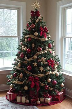 a decorated christmas tree in a living room