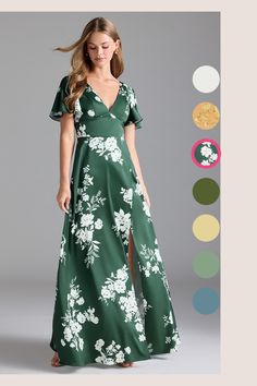 Let your girls have memorable moments wearing our stretch satin A-line gown, Lani. She has a clean V-neckline that sits atop an empire waistband. Her flutter sleeves compliment the strap detail on the partial illusion back. Her slim A-line bridesmaid dress flares beautifully with every step. Satin Dress Green, Stretch Satin Dress, Bridesmaid Dresses Azazie, Green Bridesmaid Dresses, Mob Dresses, Satin Bridesmaid Dresses, Flounce Sleeve, A Line Gown, Stretch Satin