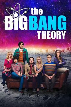 the big bang theory movie poster with many people sitting on couches in front of an outer space background