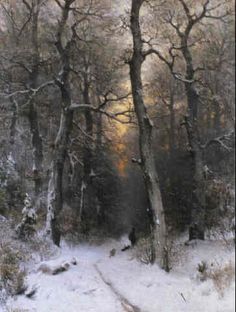 a painting of snow covered trees in the woods