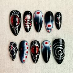 Dark Red Y2k, Skeleton Nails, Black Fake Nails, Rock Skeleton, Nails Gothic, Nails Goth, Long Almond, Red Y2k