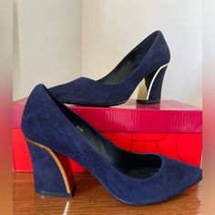 Nwot, Gorgeous, Never Worn Navy Suede Shoes With 3” Heels. Gold Trim On The Sides And Back Of Heels. Super Comfortable. Goes Well With Dresses, Trousers, Skirts, And Jeans. Formal Padded Wedge Heel Block Heels, Formal Padded Wedge Block Heels, Evening Block Heels With 4-inch Wedge Heel, Evening Wedge Block Heels With Sculpted Heel, Formal Heels With Wrapped Heel And Medium Width, Formal Suede Block Heels With Wrapped Heel, Evening Court Shoes With 4-inch Wedge Heel, Elegant Wedge Heels With Padded Heel, Elegant Suede Wedge Heels