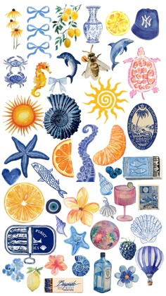 an assortment of different types of sea life on a white background with blue and yellow accents