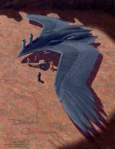 a large blue bird flying over a sandy beach next to a person standing on the ground