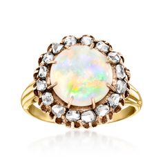 Ross-Simons - C. 1950 Vintage Opal, .75ct t. w. Diamond Ring Round Cut in 10kt Two-Tone Gold. Size 6. C. 1950. Swirling with sensational play of color, this beautiful Estate collection cocktail ring dates back to the Retro era and spotlights a stunning 10mm round opal cabochon haloed by .75 ct. t. w. round rose-cut diamonds. Finely crafted in polished 10kt yellow and rose gold. 5/8" wide. Diamond and opal ring. Exclusive, one-of-a-kind Estate Jewelry. Opal birthstones are the perfect gift for Oc Diamond Ring Round, Italian Gold Jewelry, Diamond Anklet, Mixed Metal Bracelets, Opal Diamond Ring, Antique Jewelry Rings, Opal Birthstone, Pearl Strands Necklace, Pearl Anklet