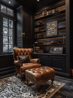 a brown leather chair and ottoman in front of a book shelf with books on it