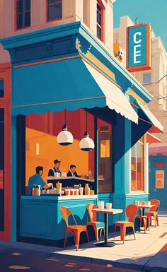 a painting of people sitting at tables in front of a cafe with blue awnings