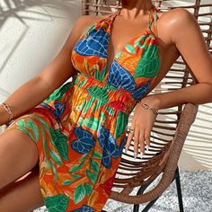 Xs=2 S=4 M=6 L=8/10 Xl=12 Xxl=14 Brand New Ships In 6-10 Days Color: Multicolor Style: Boho Pattern Type: Tropical Details: Backless, Tie Back Type: A Line Neckline: Halter Sleeve Length: Sleeveless Waist Line: High Waist Hem Shaped: Flared Length: Short Fit Type: Regular Fit Fabric: Non-Stretch Material: Polyester Composition: 100% Polyester Care Instructions: Machine Wash Or Professional Dry Clean Body: Unlined Sheer: No Vibrant Beach Mini Dress With Vibrant Print, Orange Mini Dress For Vacation, Orange Mini Dress For Summer, Orange Halter Neck Dress For Brunch, Vibrant Print Orange Dress For Beach Season, Orange Mini Dress For The Beach, Orange Vibrant Print Dress For Beach Season, Fitted Orange Sundress For Vacation, Orange Halter Neck Mini Dress For Brunch